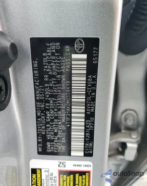 2021 Toyota Camry Xle from USA, damaged, VIN 4T1F31AK0MU559419